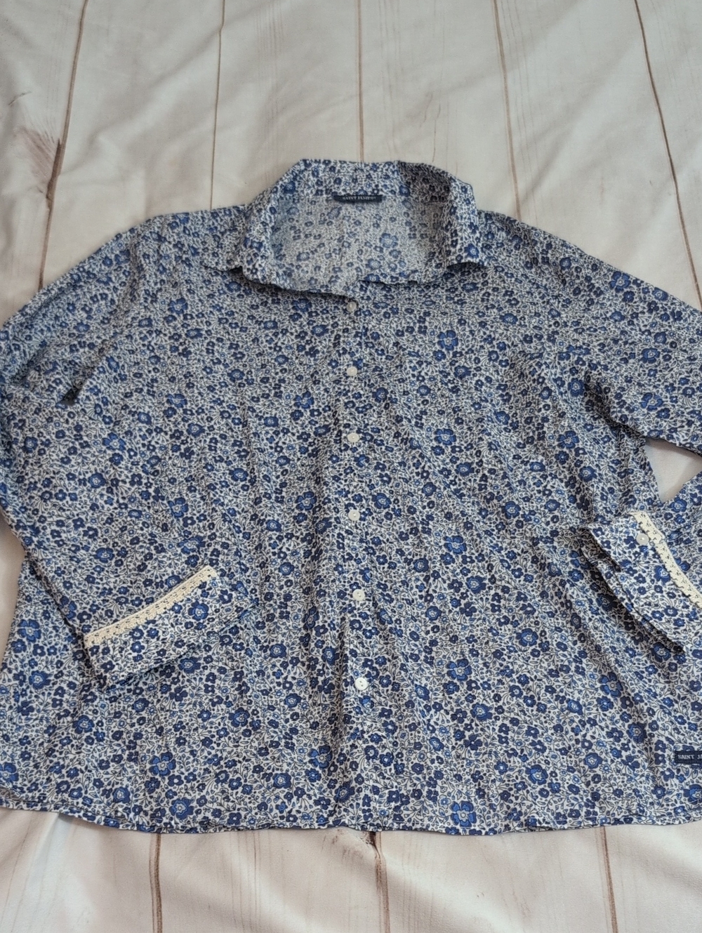 Saint James Womens 14 M/L Blue Floral Cotton Button Front Shirt Lace Trim